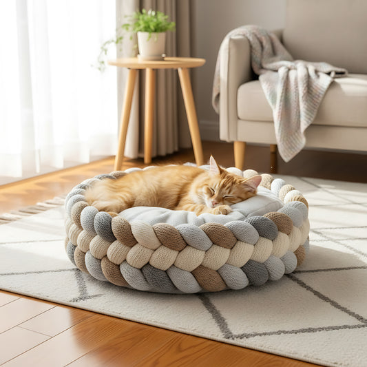 Round Cotton Rope Cat Basket Bed with Soft Pillow for Indoor Cats