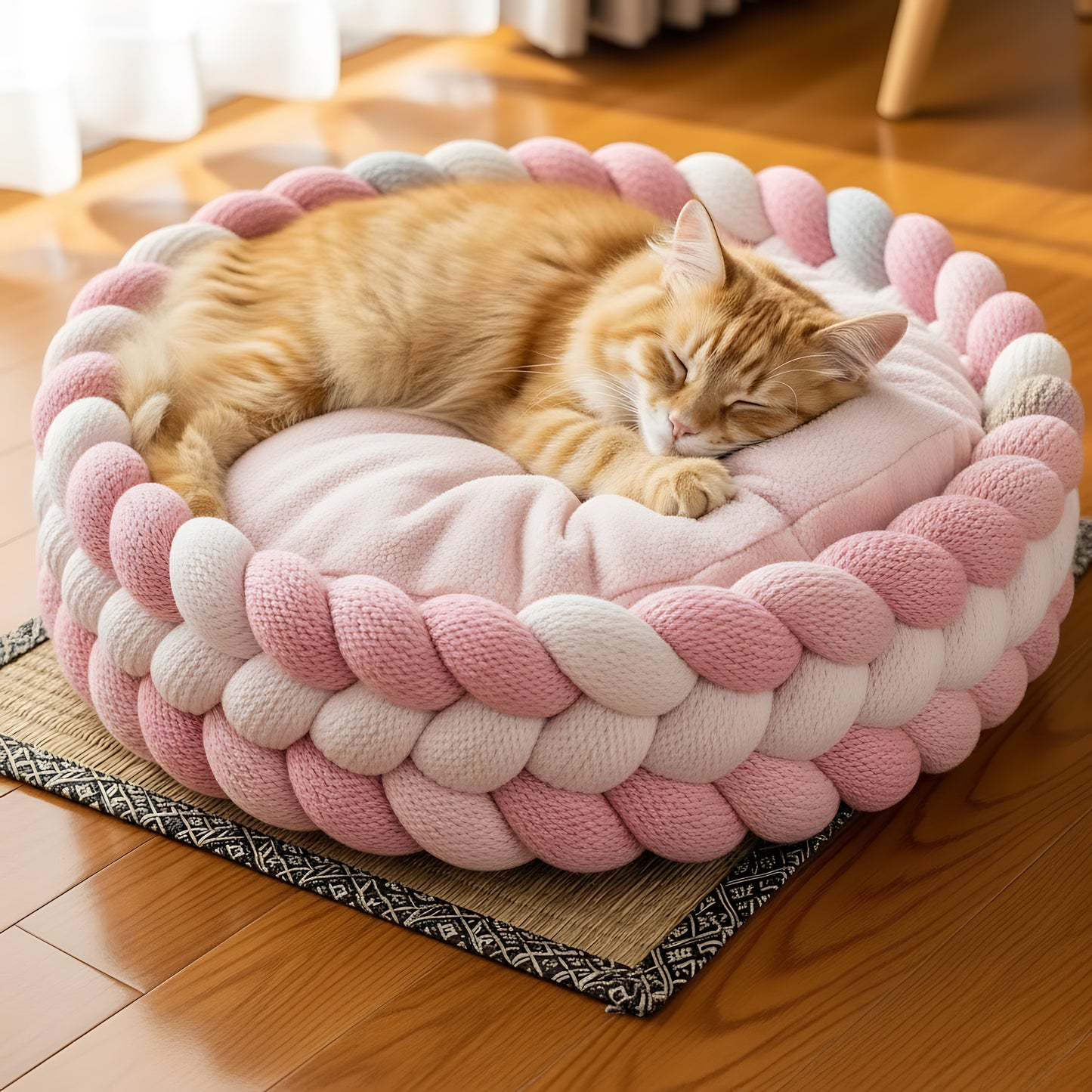 Round Cotton Rope Cat Basket Bed with Soft Pillow for Indoor Cats