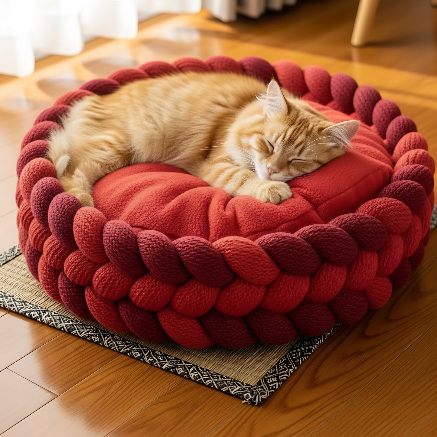 Round Cotton Rope Cat Basket Bed with Soft Pillow for Indoor Cats