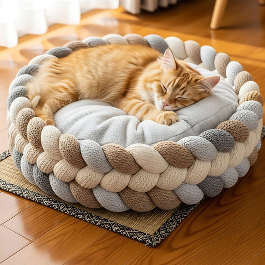 Round Cotton Rope Cat Basket Bed with Soft Pillow for Indoor Cats