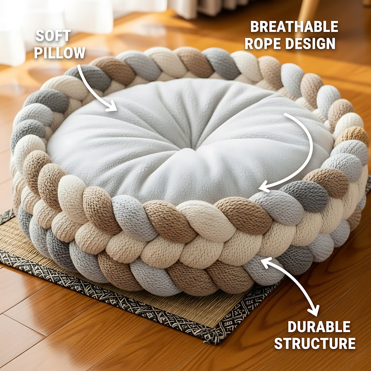 Round Cotton Rope Cat Basket Bed with Soft Pillow for Indoor Cats