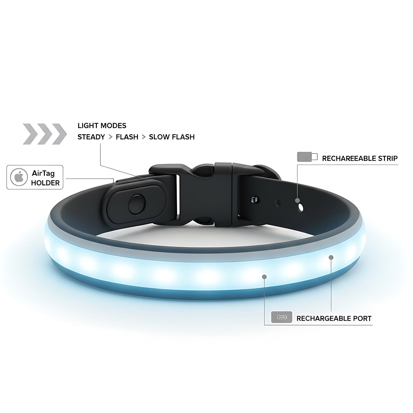 LED Dog Collar with AirTag Holder Rechargeable Waterproof Reflective Adjustable Safety Collar